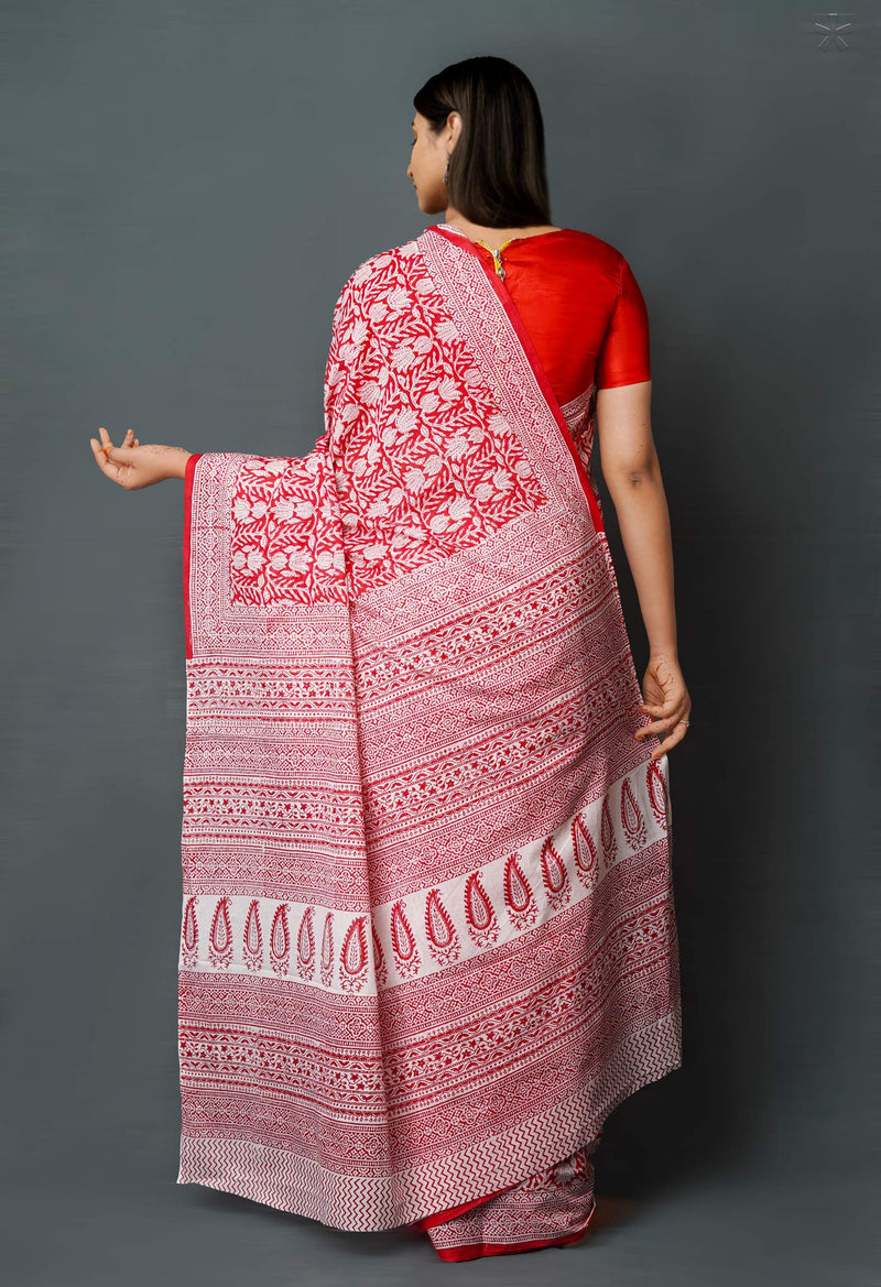 Red Pure  Block Printed Superfine Mulmul  Cotton Saree-UNM72612