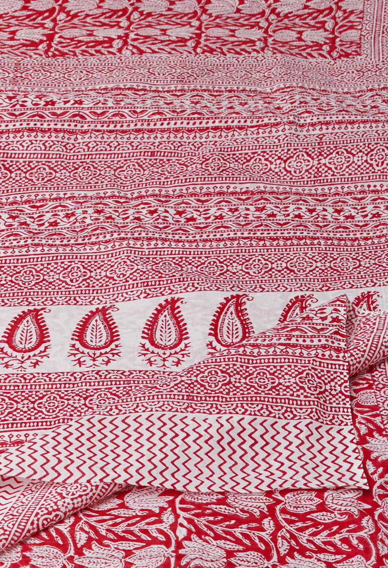 Red Pure  Block Printed Superfine Mulmul  Cotton Saree-UNM72612