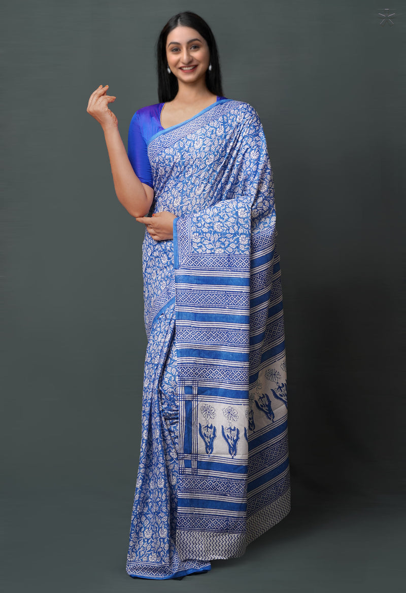 Blue Pure  Block Printed Superfine Mulmul  Cotton Saree-UNM72613