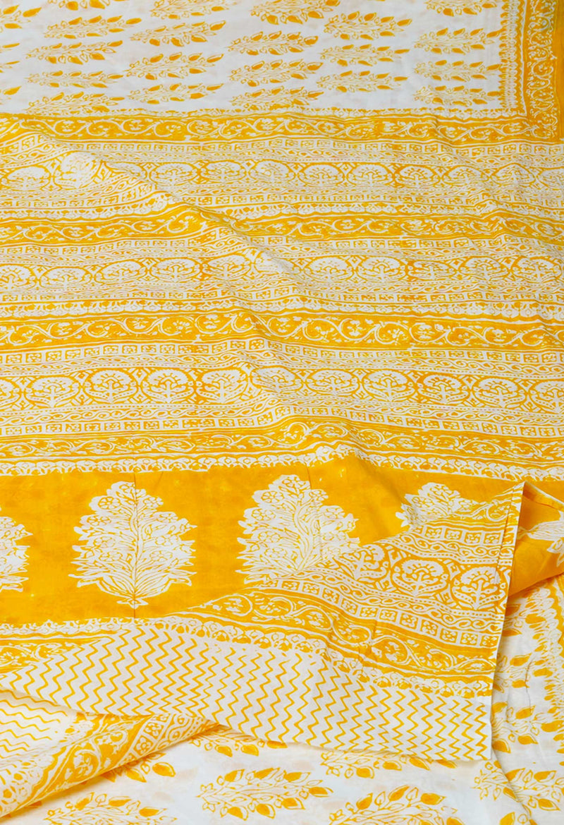 White-Yellow Pure  Block Printed Superfine Mulmul  Cotton Saree-UNM72615