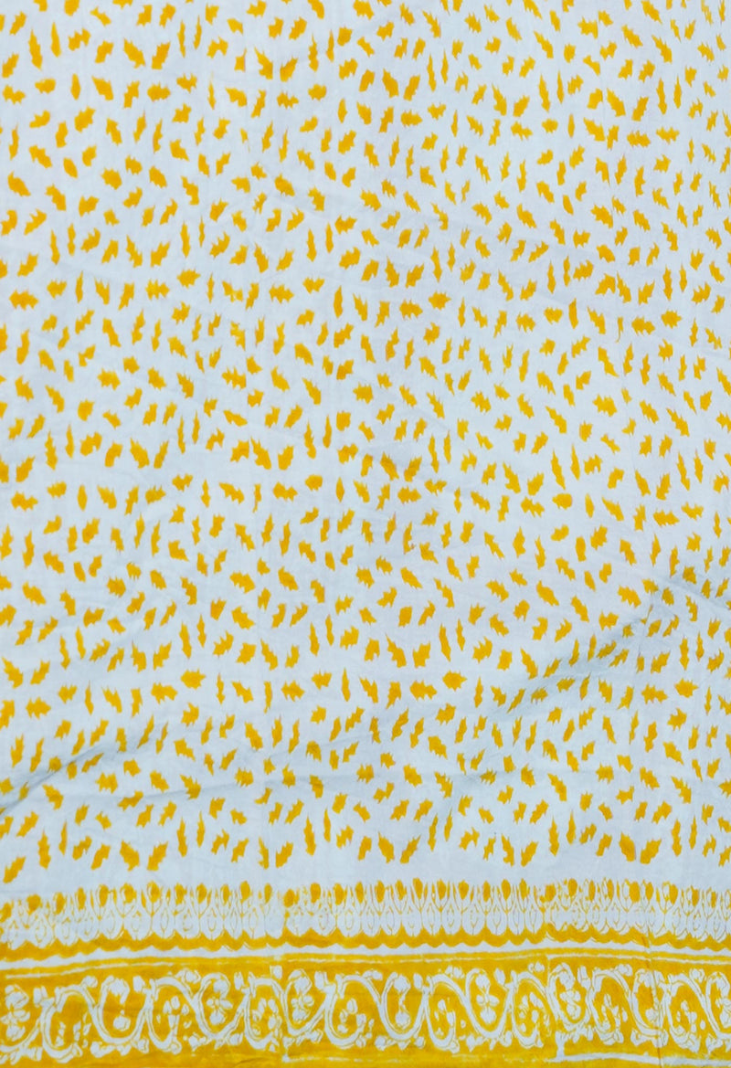 White-Yellow Pure  Block Printed Superfine Mulmul  Cotton Saree-UNM72615