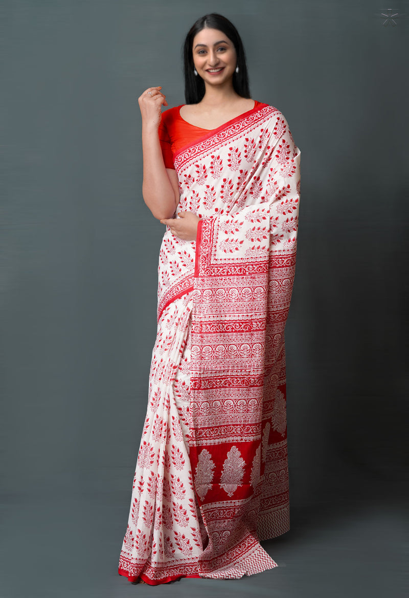 White-Red Pure  Block Printed Superfine Mulmul  Cotton Saree-UNM72616