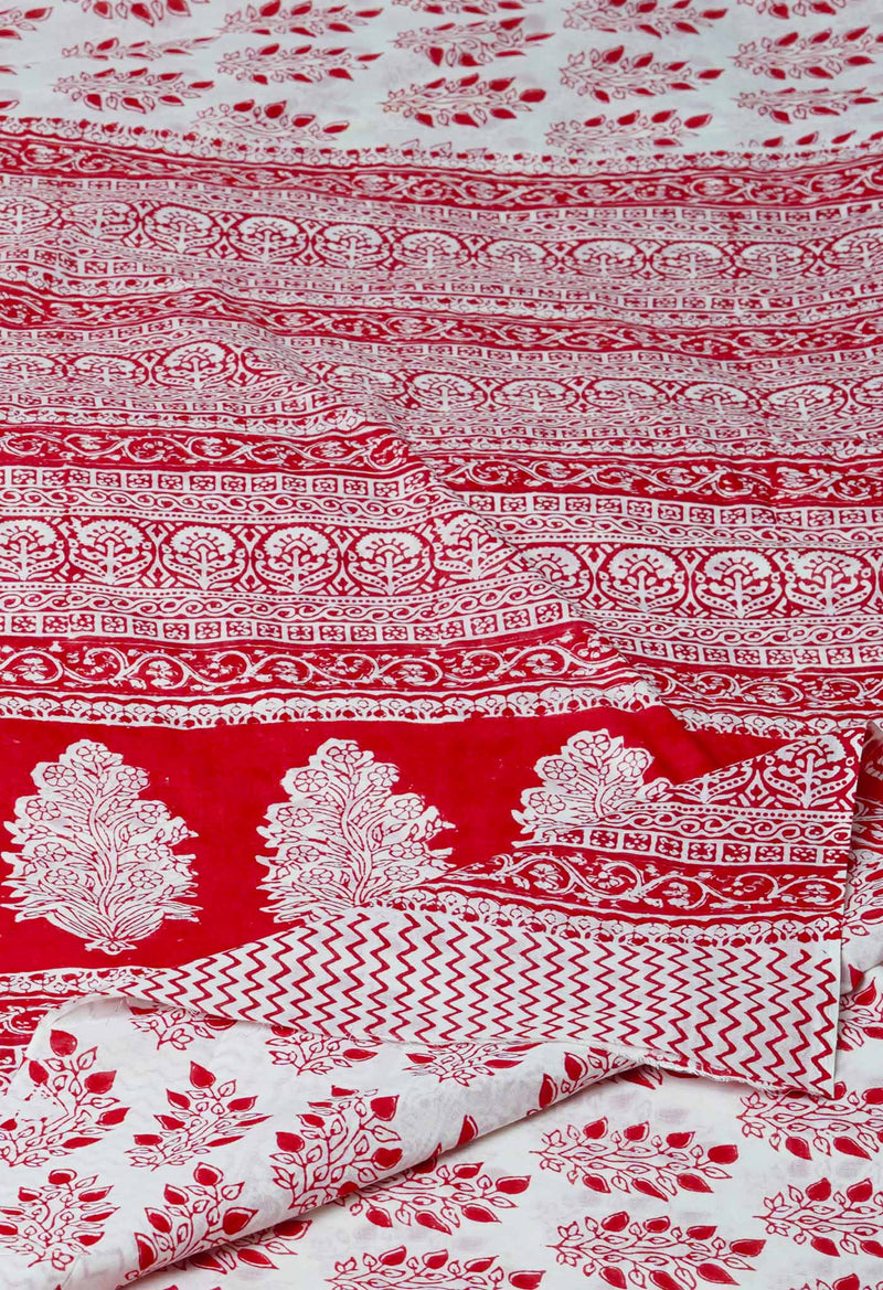 White-Red Pure  Block Printed Superfine Mulmul  Cotton Saree-UNM72616