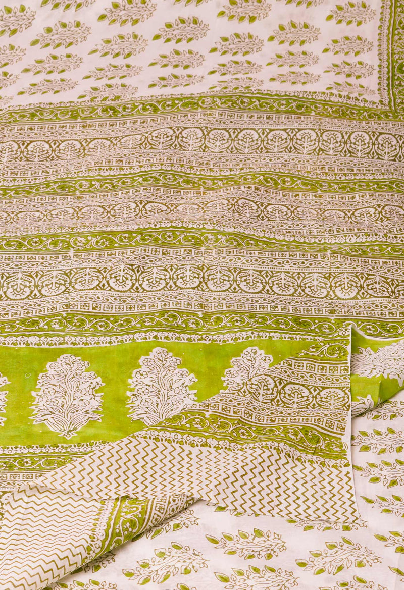 White-Green Pure  Block Printed Superfine Mulmul  Cotton Saree-UNM72617