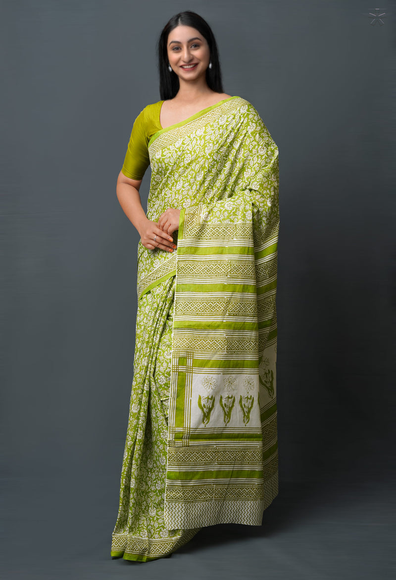 Green Pure  Block Printed Superfine Mulmul  Cotton Saree-UNM72618