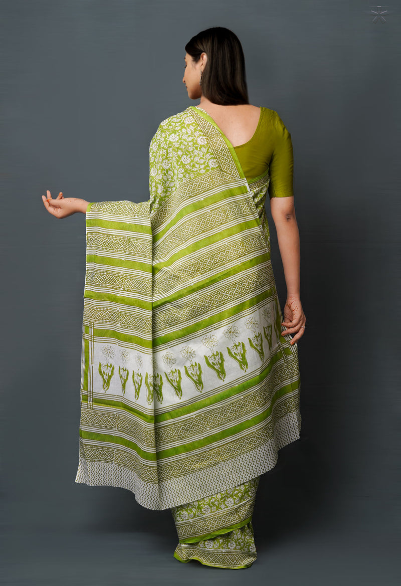 Green Pure  Block Printed Superfine Mulmul  Cotton Saree-UNM72618