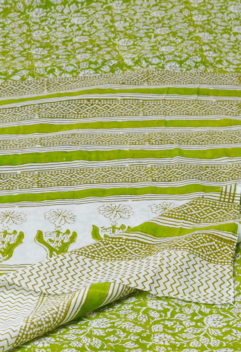 Green Pure  Block Printed Superfine Mulmul  Cotton Saree-UNM72618