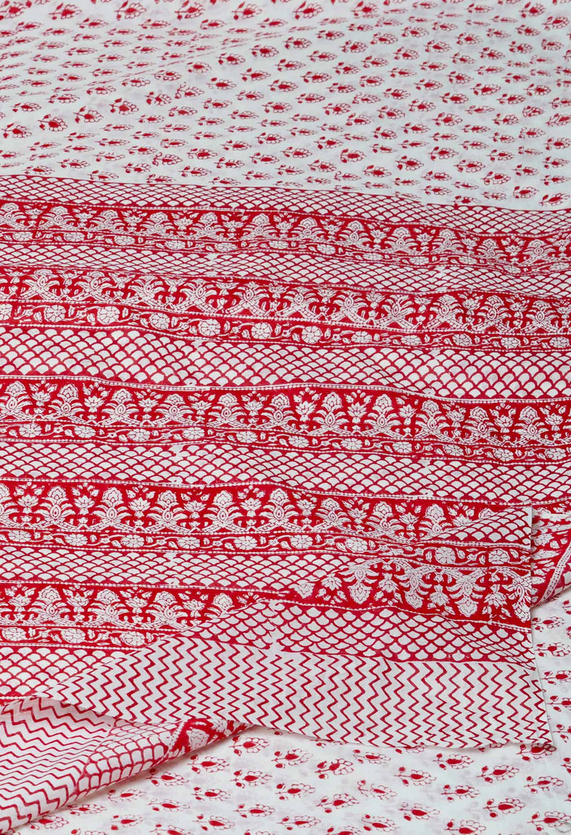 White-Red Pure  Block Printed Superfine Mulmul  Cotton Saree-UNM72619