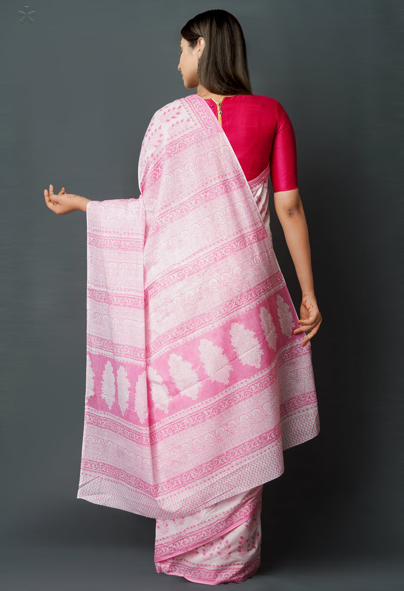 White-Pink Pure  Block Printed Superfine Mulmul  Cotton Saree-UNM72620