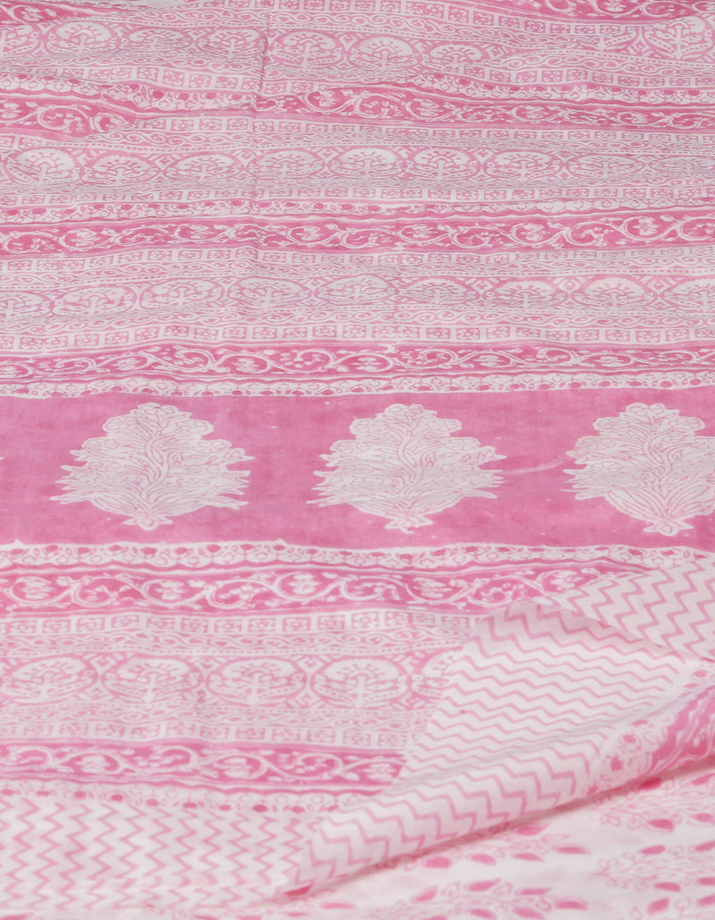 White-Pink Pure  Block Printed Superfine Mulmul  Cotton Saree-UNM72620