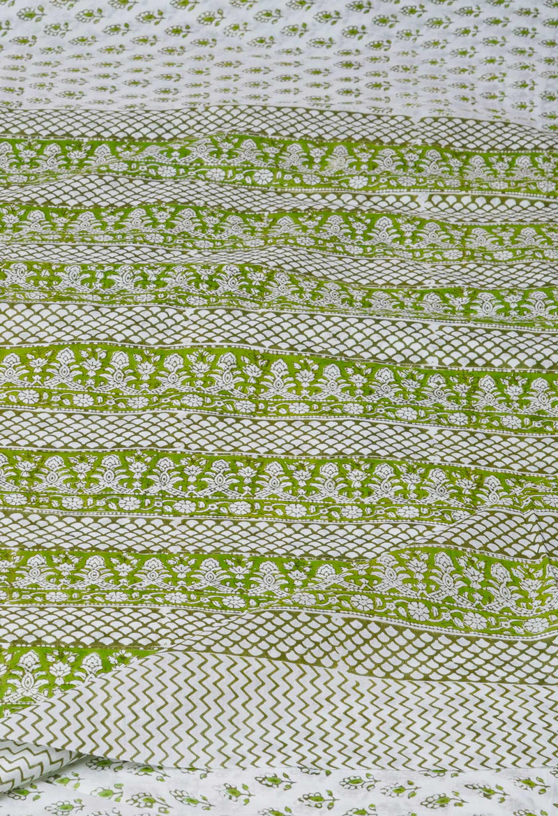 White-Green Pure  Block Printed Superfine Mulmul  Cotton Saree-UNM72621