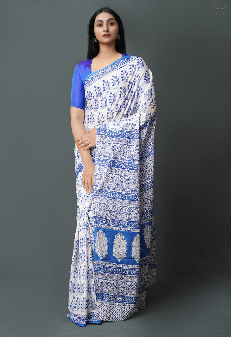White-Blue Pure  Block Printed Superfine Mulmul  Cotton Saree-UNM72624