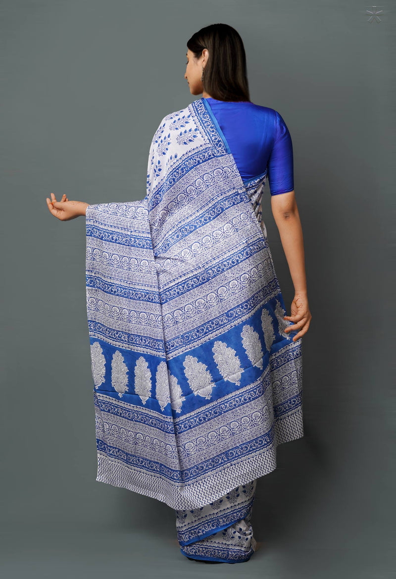 White-Blue Pure  Block Printed Superfine Mulmul  Cotton Saree-UNM72624