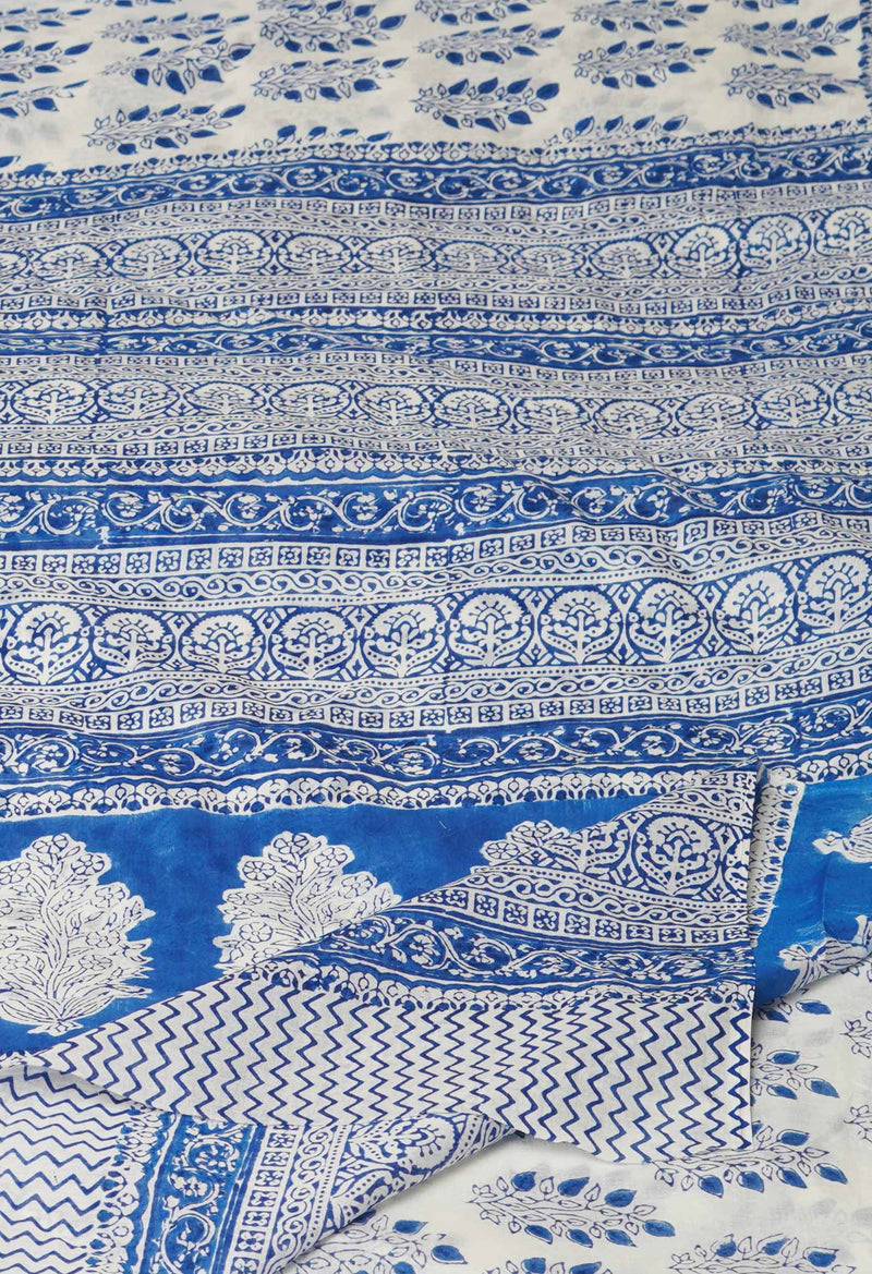 White-Blue Pure  Block Printed Superfine Mulmul  Cotton Saree-UNM72624