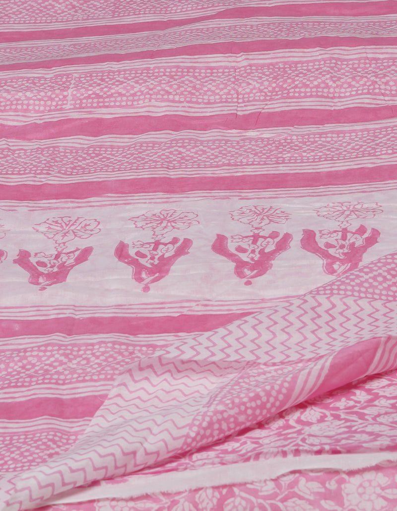 Pink Pure  Block Printed Superfine Mulmul  Cotton Saree-UNM72625