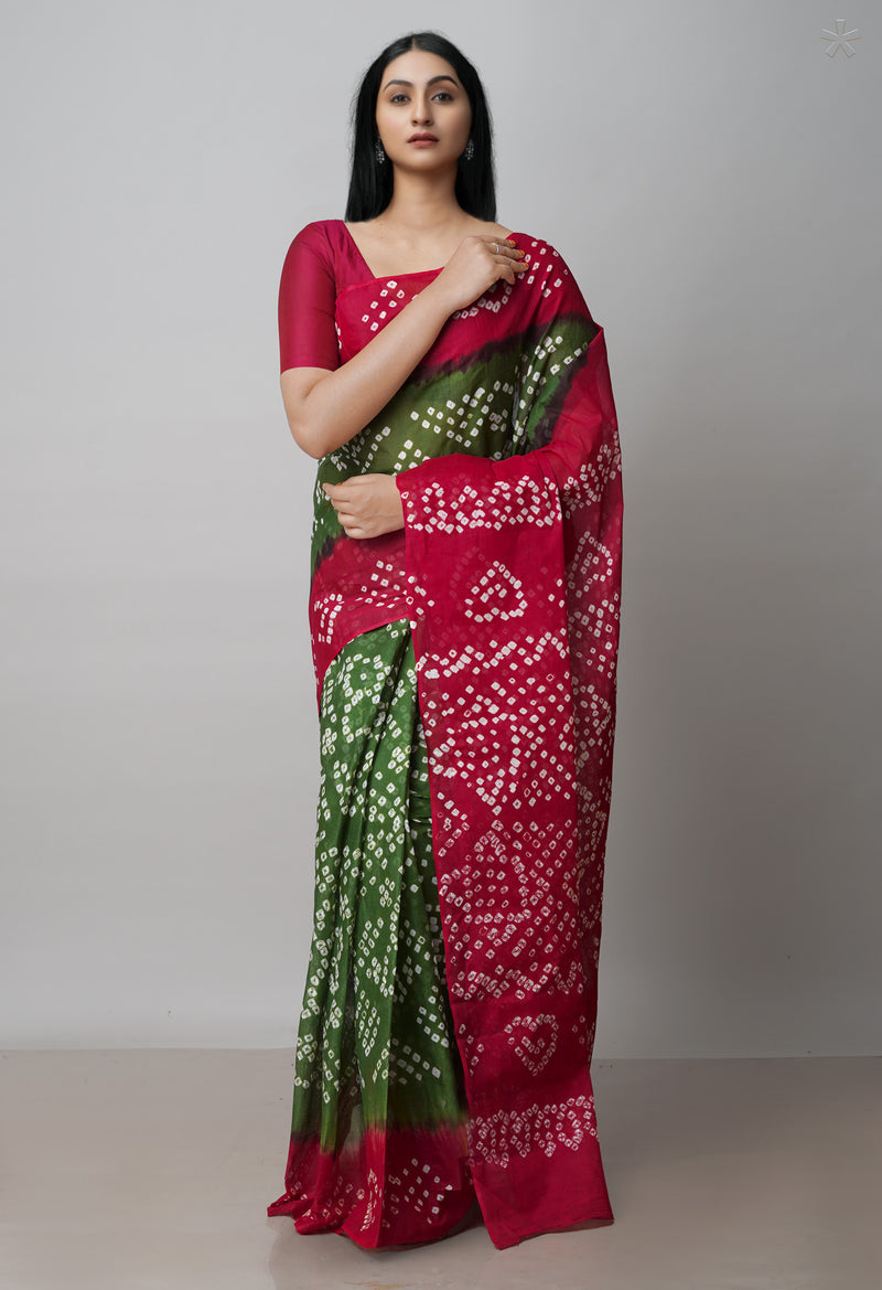 Olive Green-Maroon Pure  Bandhani Cotton Saree-UNM72627