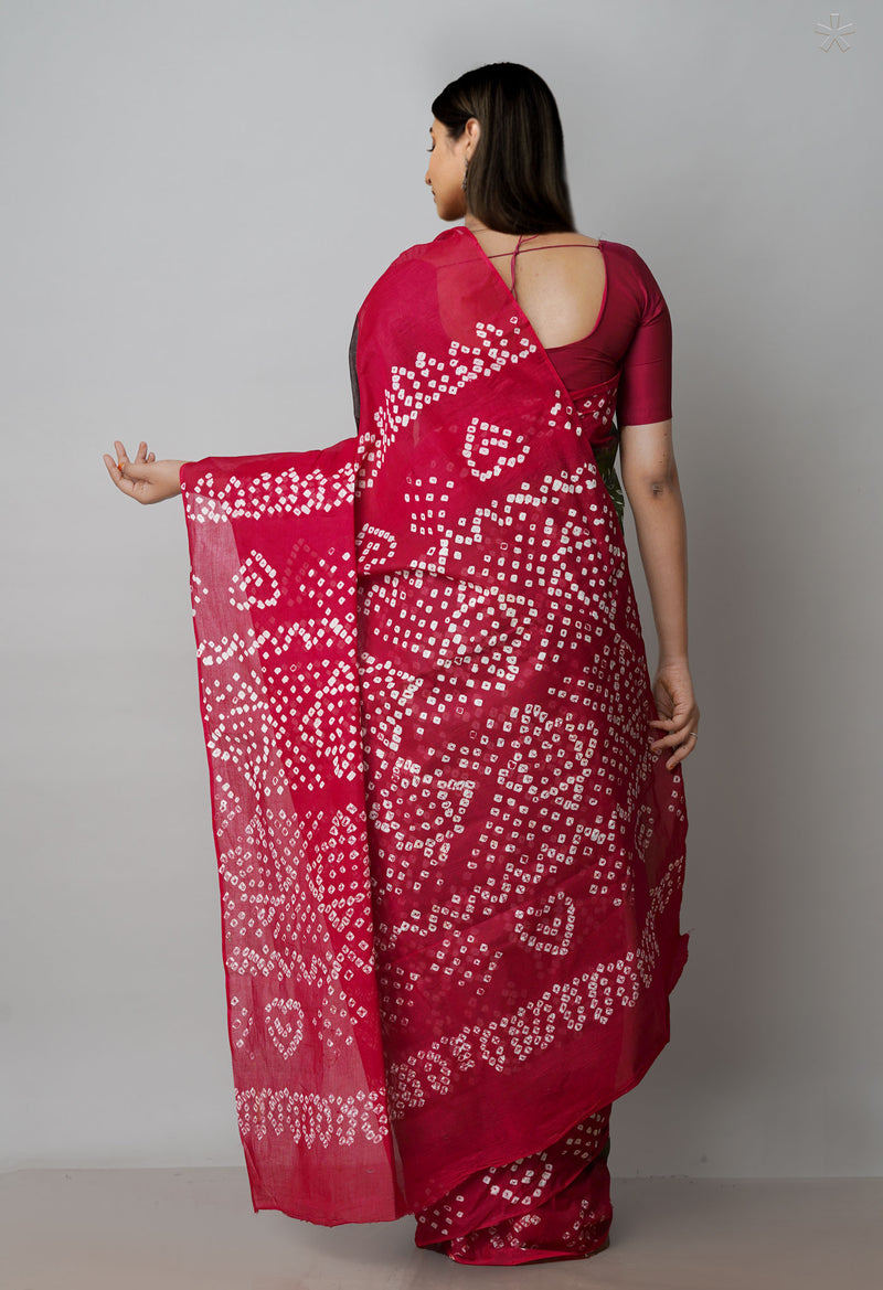 Olive Green-Maroon Pure  Bandhani Cotton Saree-UNM72627
