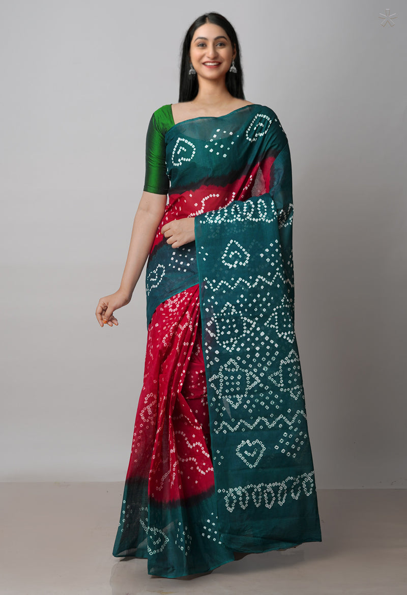 Dark Green-Maroon Pure  Bandhani Cotton Saree-UNM72633