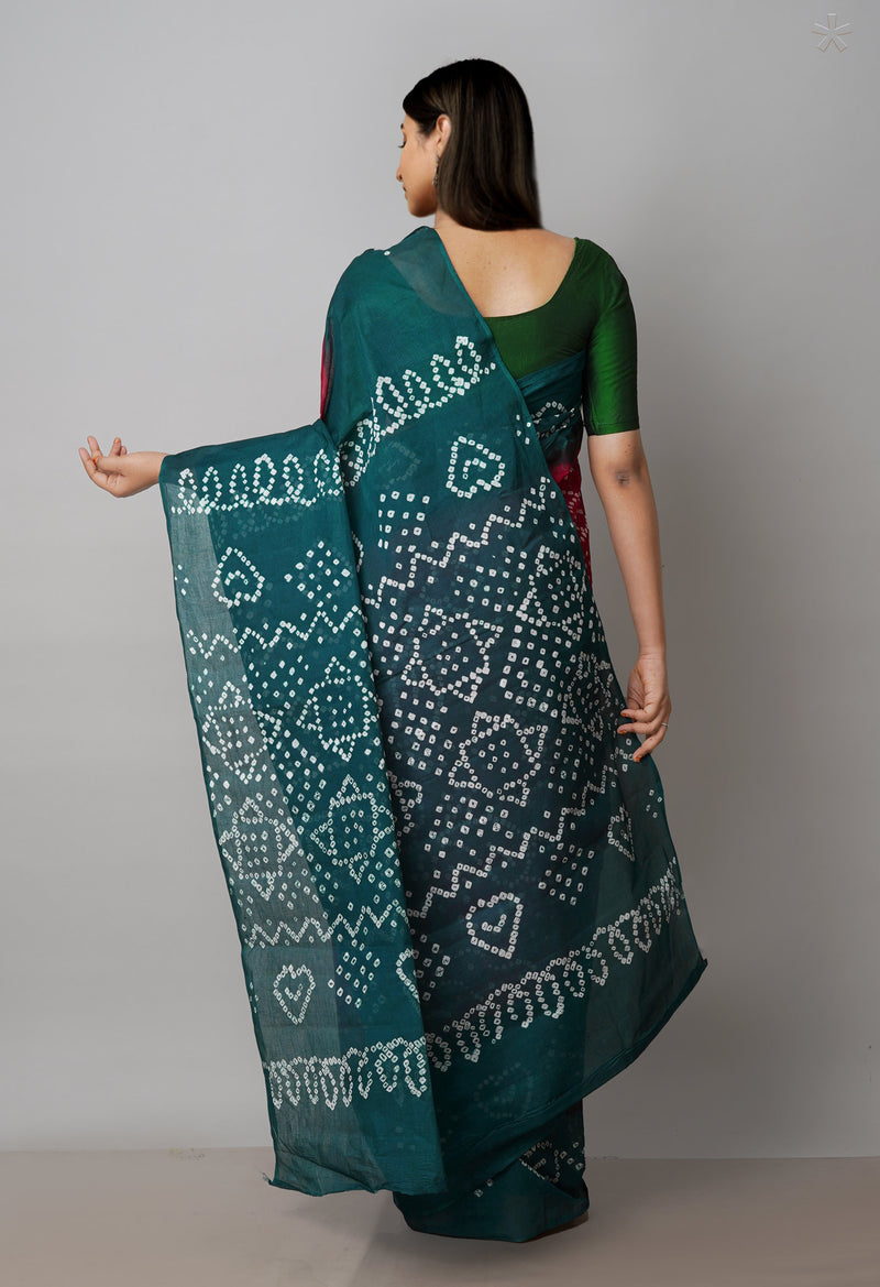 Dark Green-Maroon Pure  Bandhani Cotton Saree-UNM72633