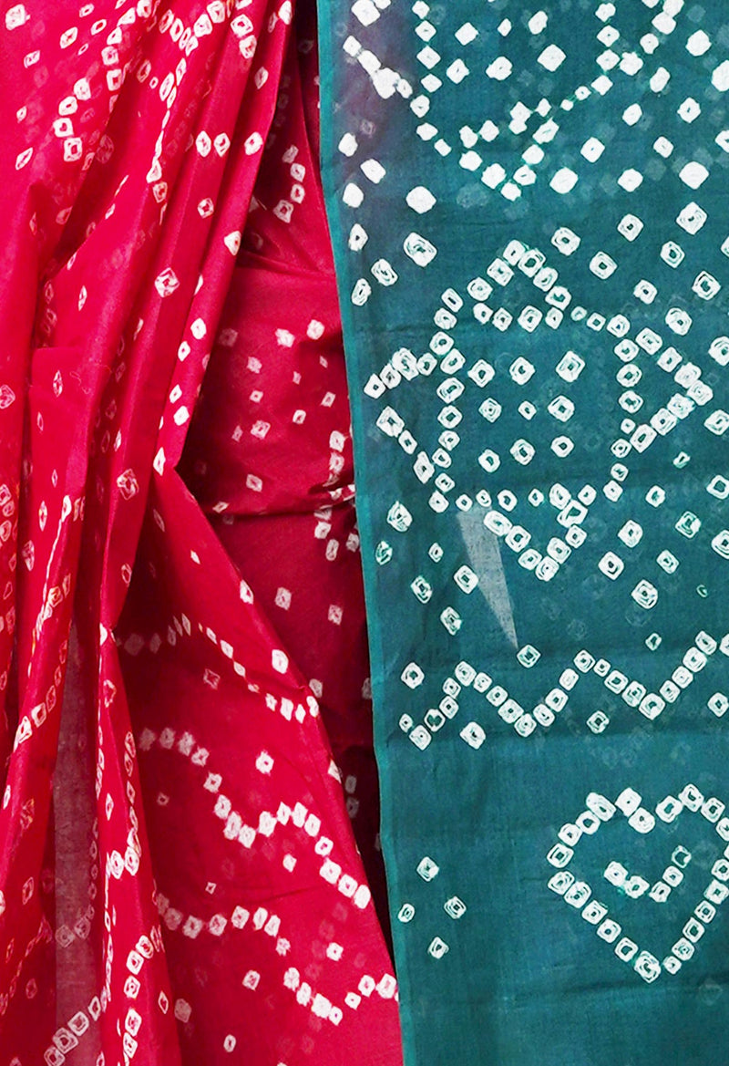 Dark Green-Maroon Pure  Bandhani Cotton Saree-UNM72633