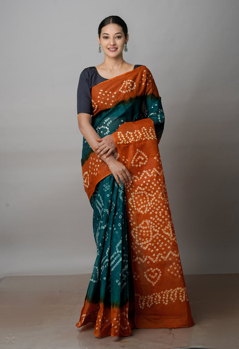 Dark Green-Ecru Brown Pure  Bandhani Cotton Saree-UNM72634
