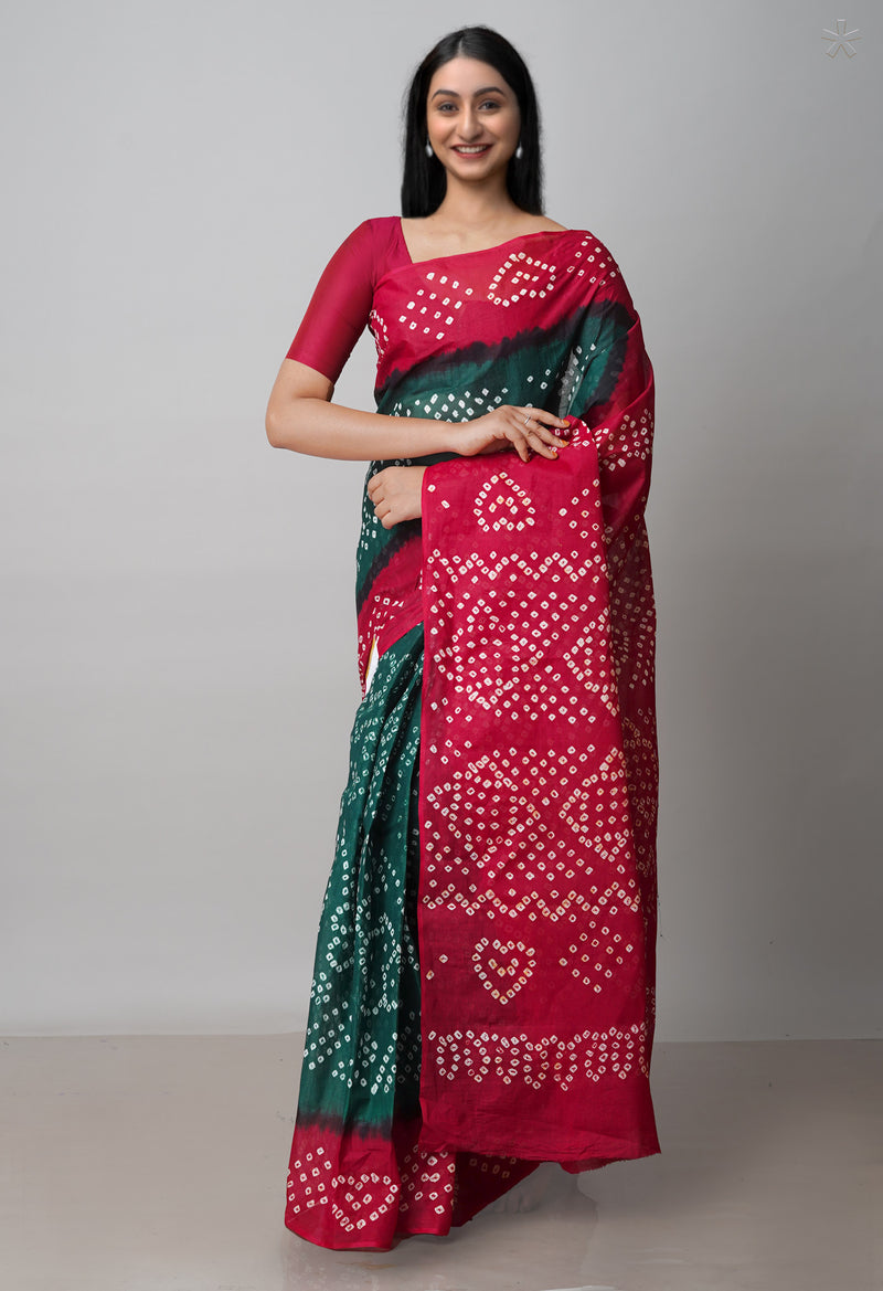 Dark Green-Maroon Pure  Bandhani Cotton Saree-UNM72635