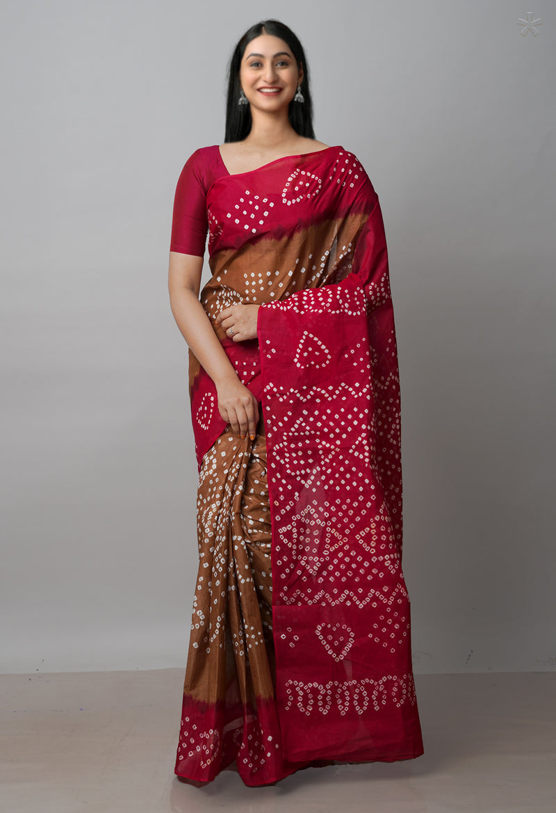 Ecru Brown-Maroon Pure  Bandhani Cotton Saree-UNM72636