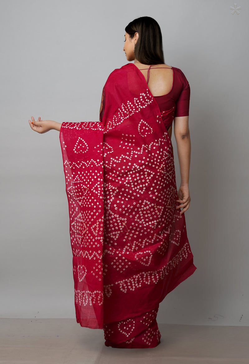 Ecru Brown-Maroon Pure  Bandhani Cotton Saree-UNM72636