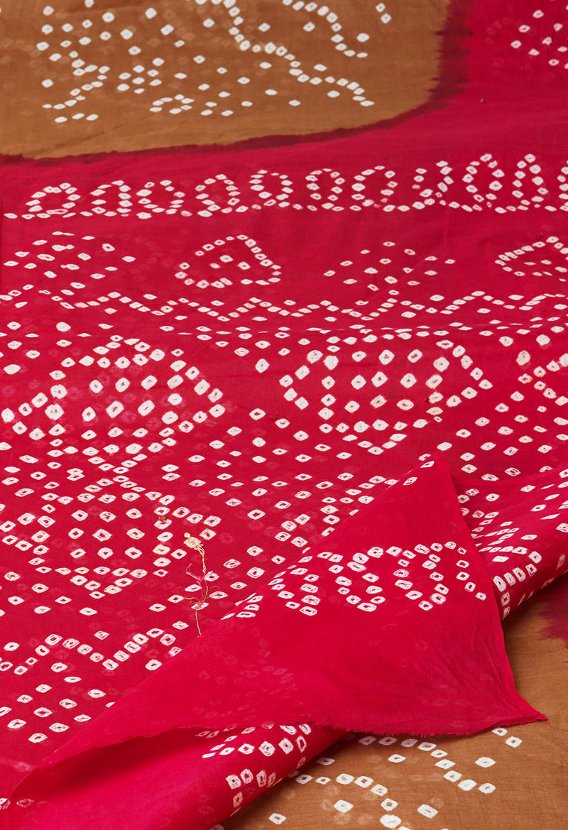 Ecru Brown-Maroon Pure  Bandhani Cotton Saree-UNM72636