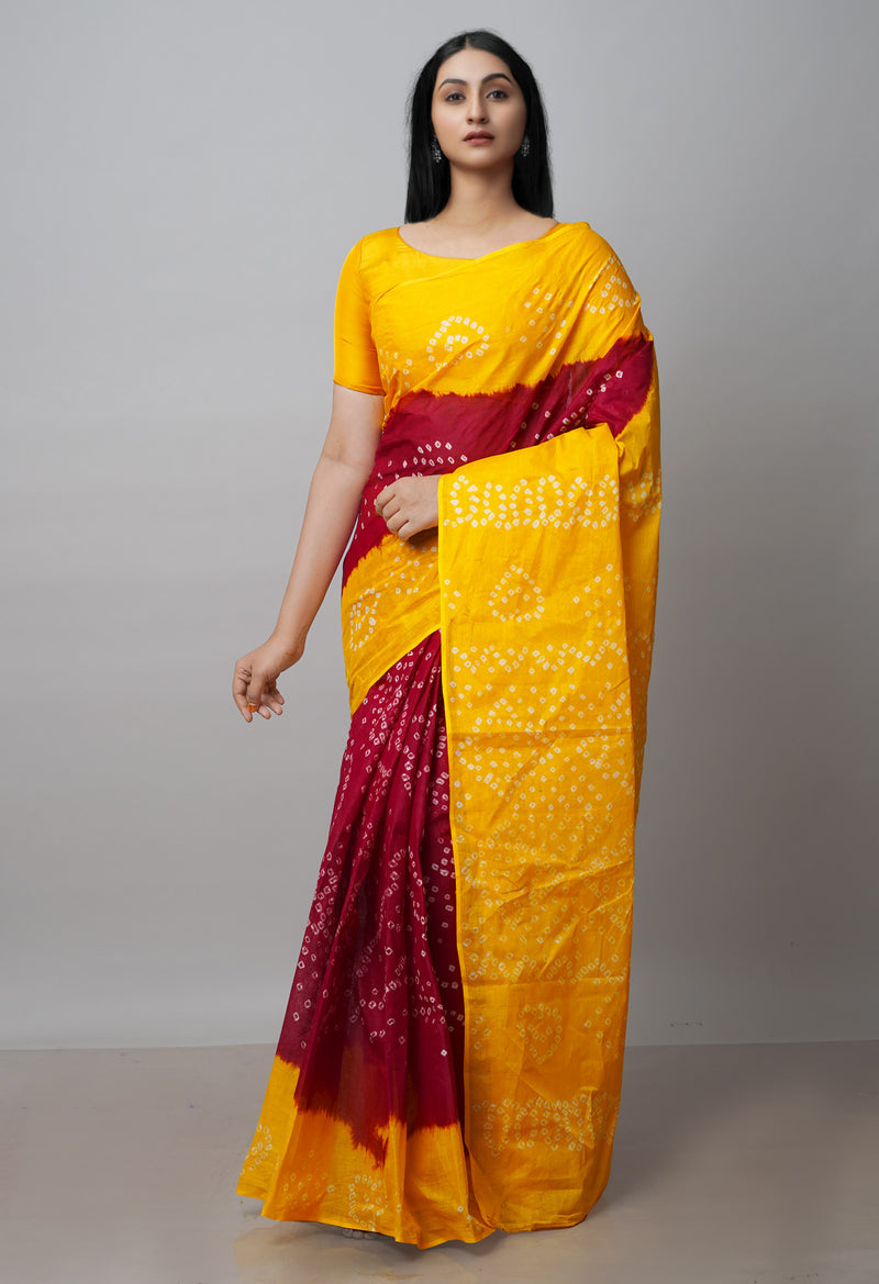 Maroon-Yellow Pure  Bandhani Cotton Saree-UNM72637