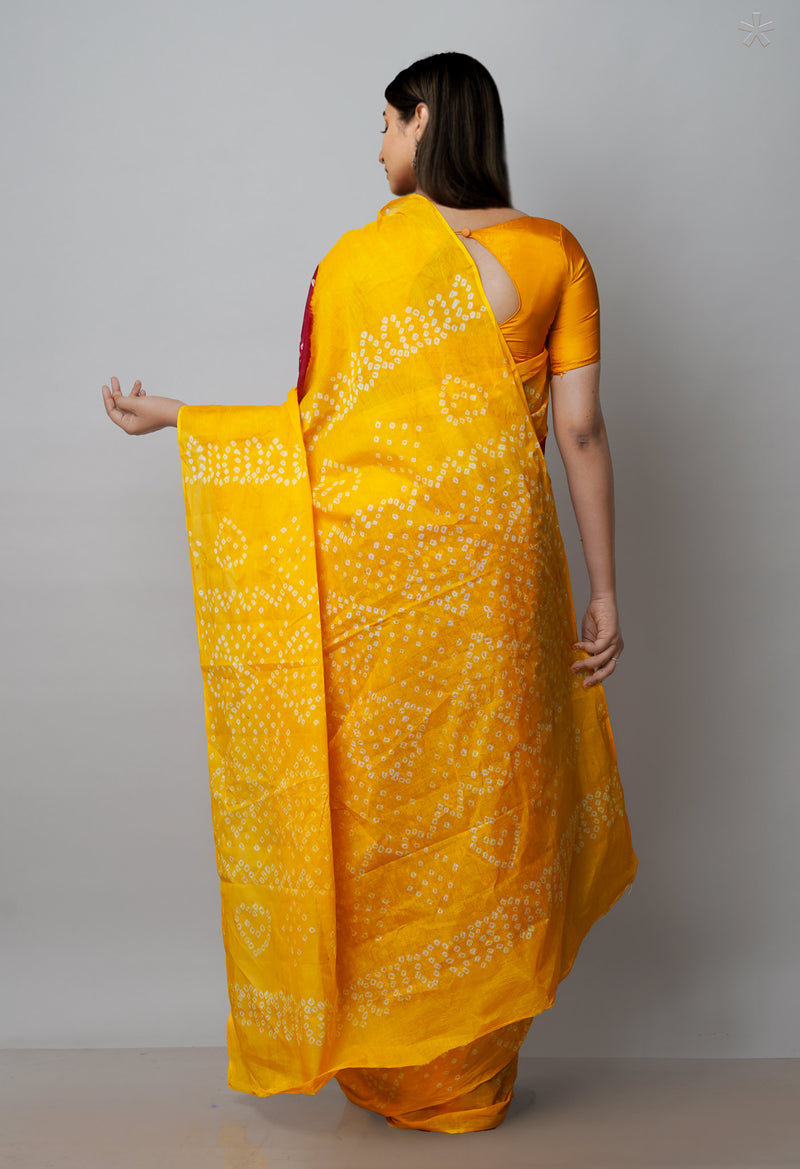 Maroon-Yellow Pure  Bandhani Cotton Saree-UNM72637