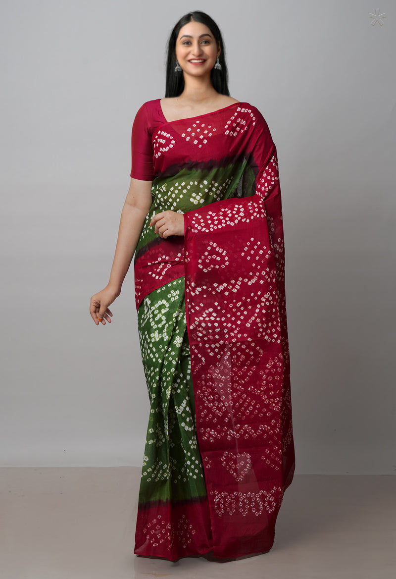 Olive Green-Maroon Pure  Bandhani Cotton Saree-UNM72639