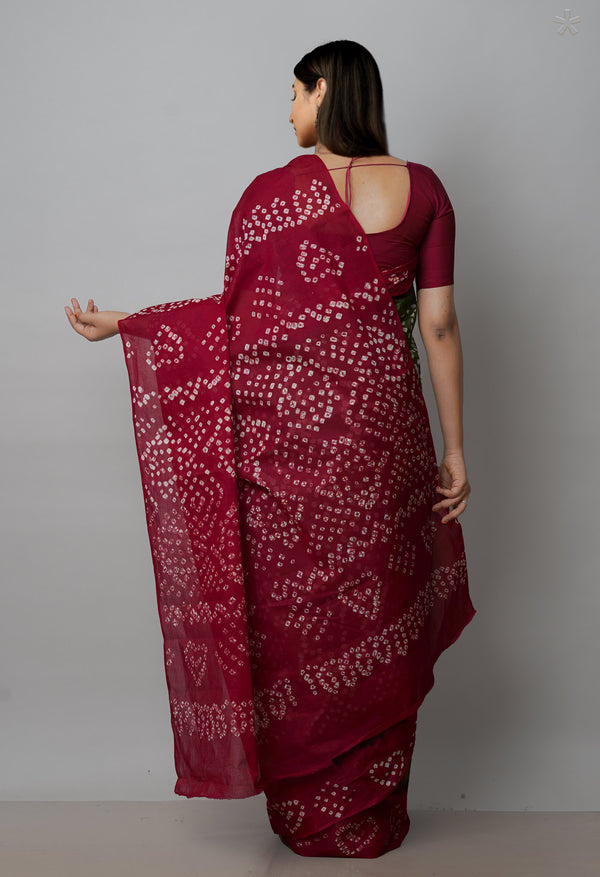 Olive Green-Maroon Pure  Bandhani Cotton Saree-UNM72639