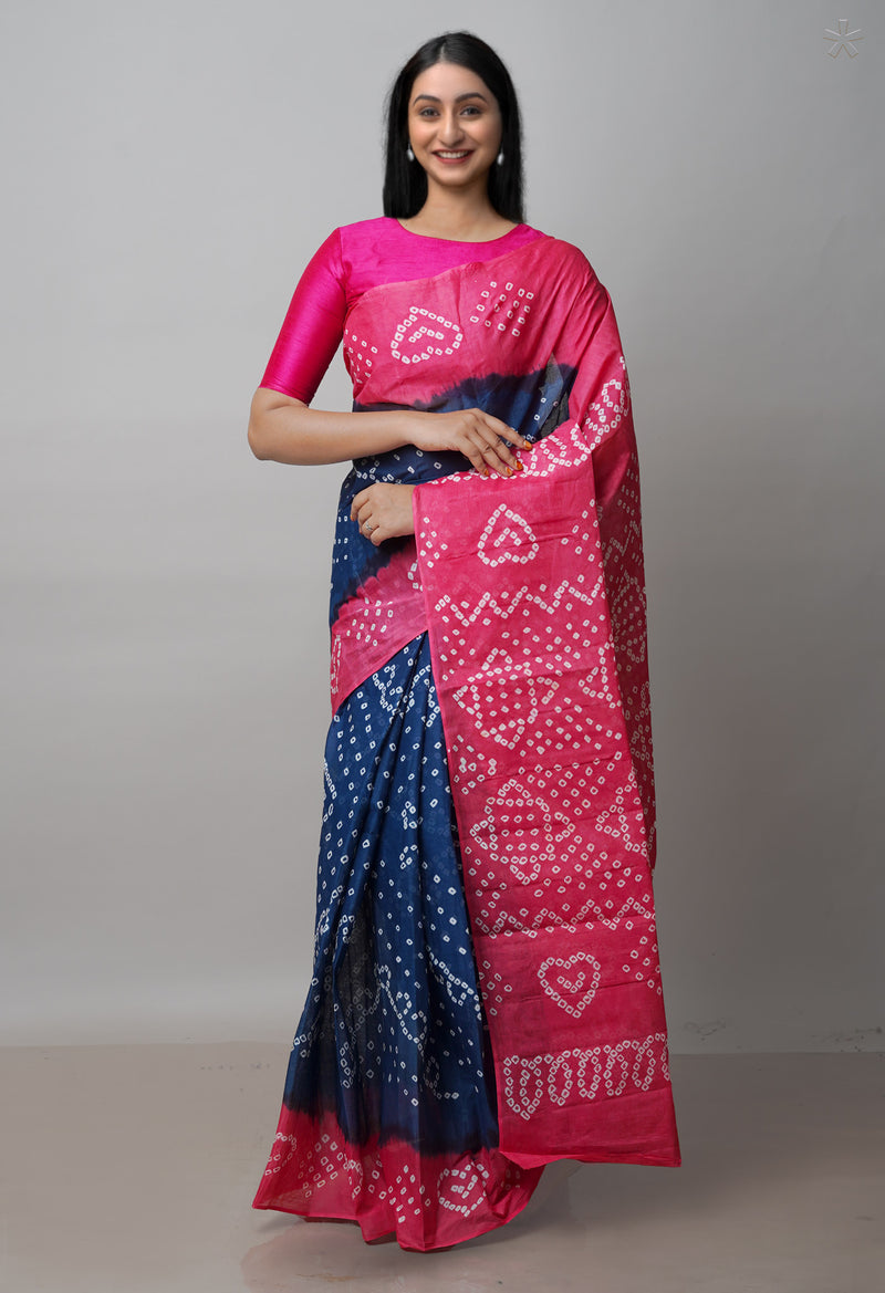 Blue-Pink Pure  Bandhani Cotton Saree-UNM72640