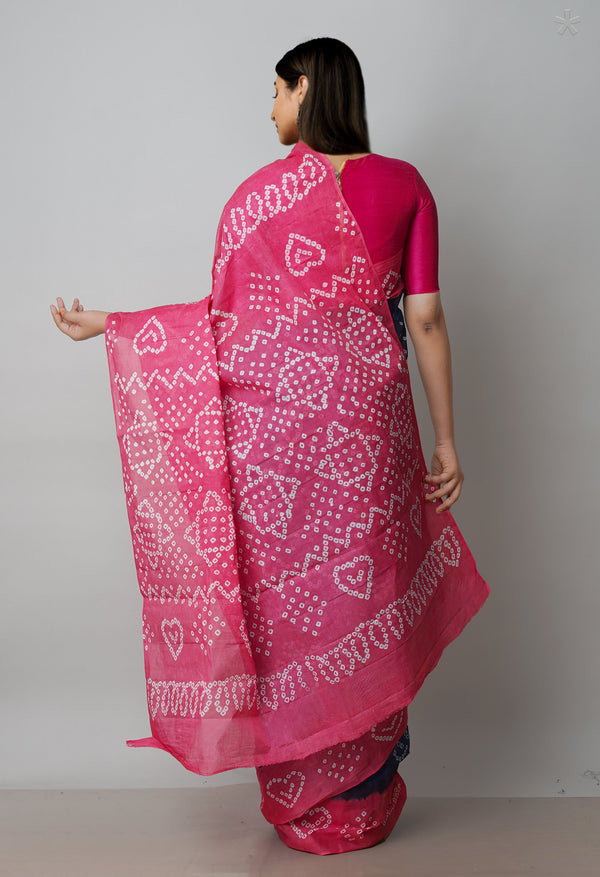 Blue-Pink Pure  Bandhani Cotton Saree-UNM72640