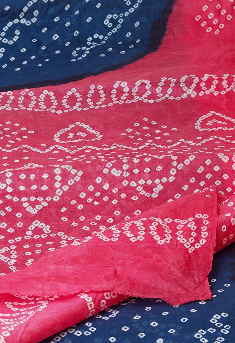 Blue-Pink Pure  Bandhani Cotton Saree-UNM72640