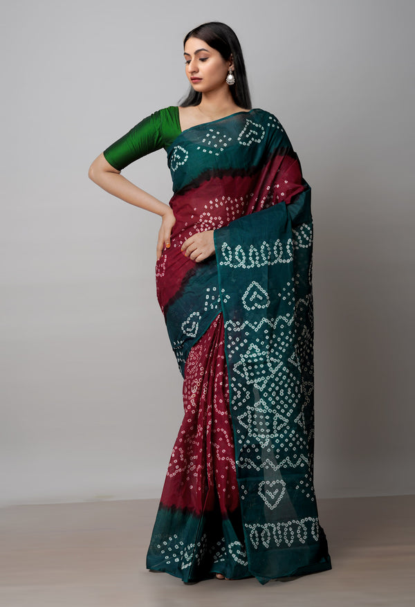Maroon-Dark Green Pure  Bandhani Cotton Saree-UNM72641