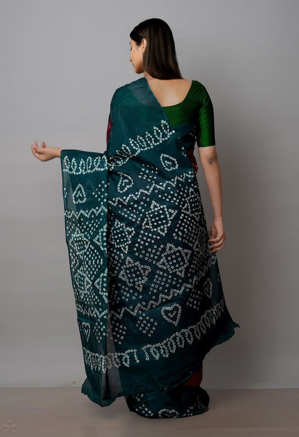 Maroon-Dark Green Pure  Bandhani Cotton Saree-UNM72641