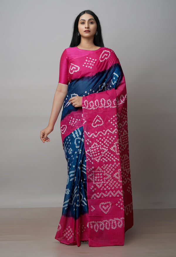 Peacock Green-Pink Pure  Bandhani Cotton Saree-UNM72642