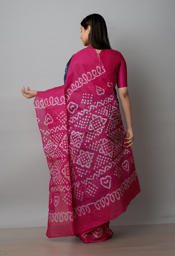 Peacock Green-Pink Pure  Bandhani Cotton Saree-UNM72642