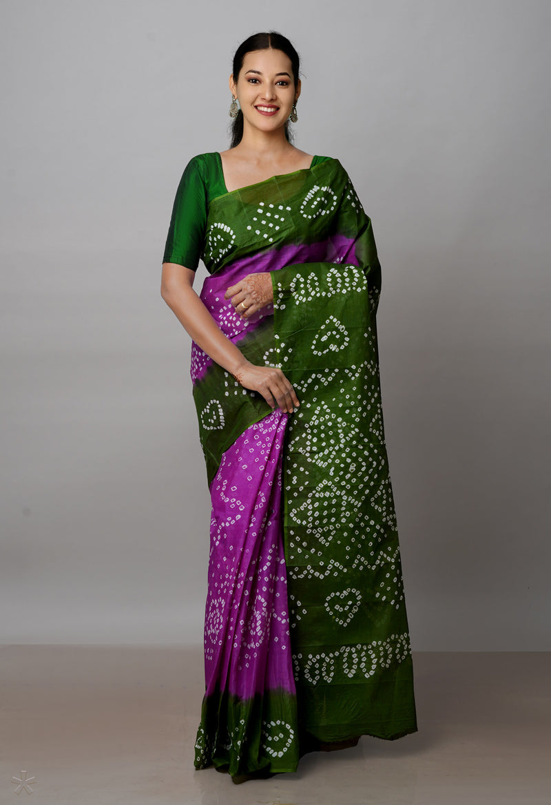 Purple-Olive Green Pure  Bandhani Cotton Saree-UNM72643