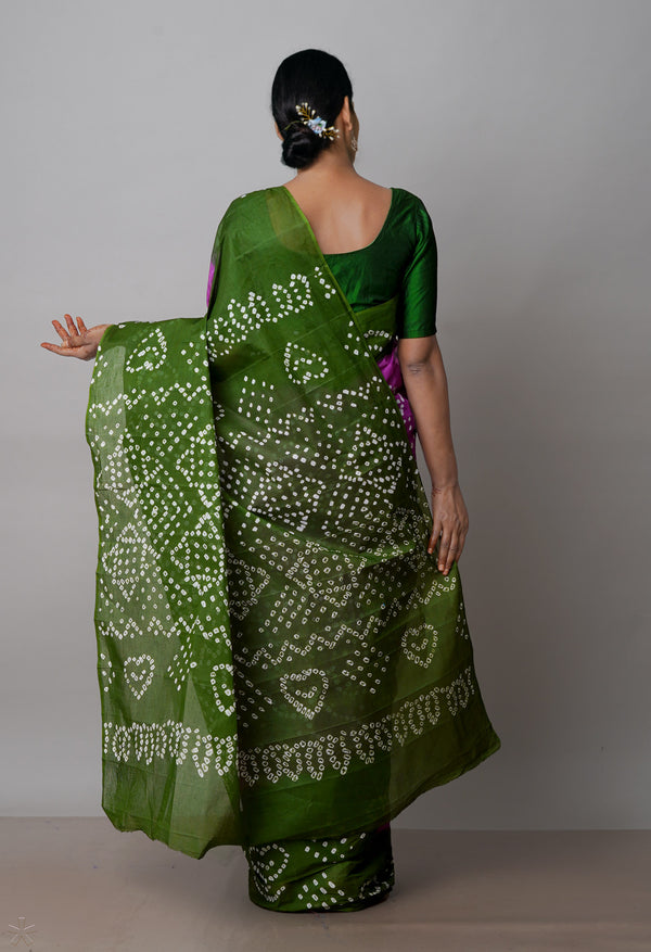 Purple-Olive Green Pure  Bandhani Cotton Saree-UNM72643