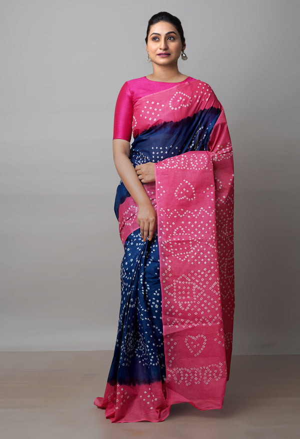 Blue-Pink Pure  Bandhani Cotton Saree-UNM72644