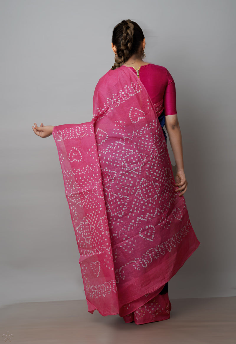 Blue-Pink Pure  Bandhani Cotton Saree-UNM72644