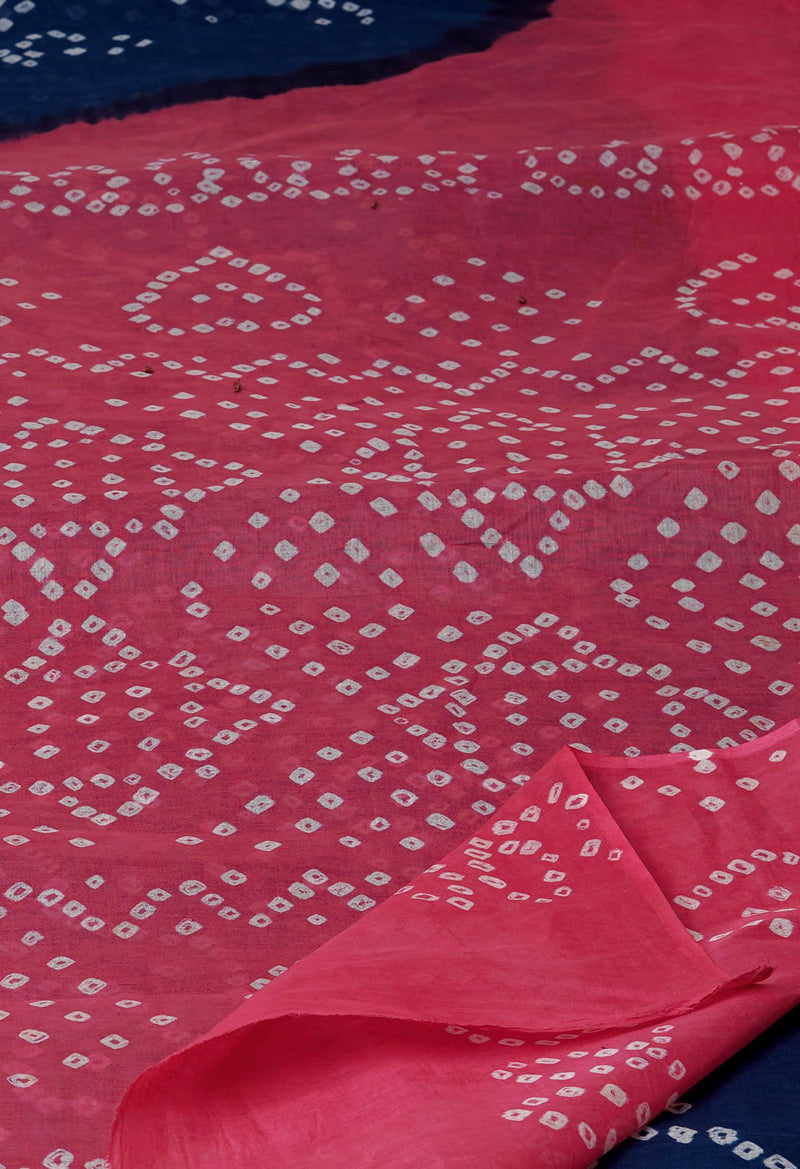 Blue-Pink Pure  Bandhani Cotton Saree-UNM72644