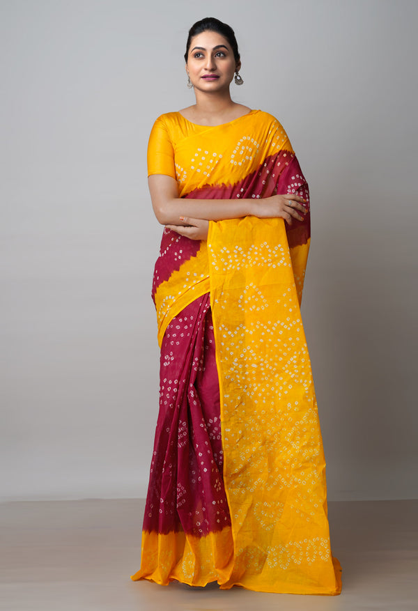 Maroon-Yellow Pure  Bandhani Cotton Saree-UNM72645