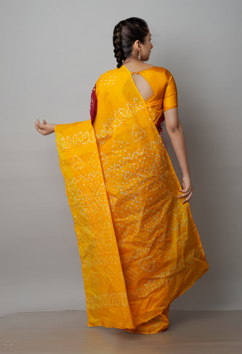 Maroon-Yellow Pure  Bandhani Cotton Saree-UNM72645