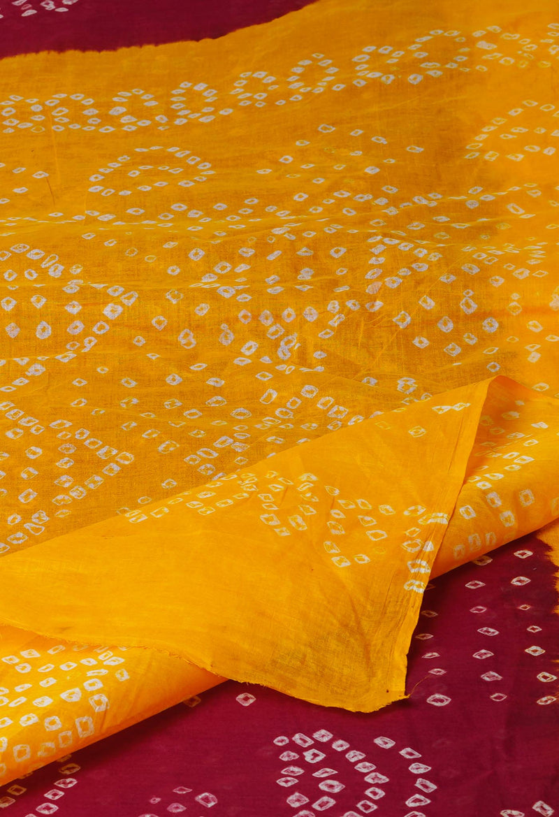 Maroon-Yellow Pure  Bandhani Cotton Saree-UNM72645