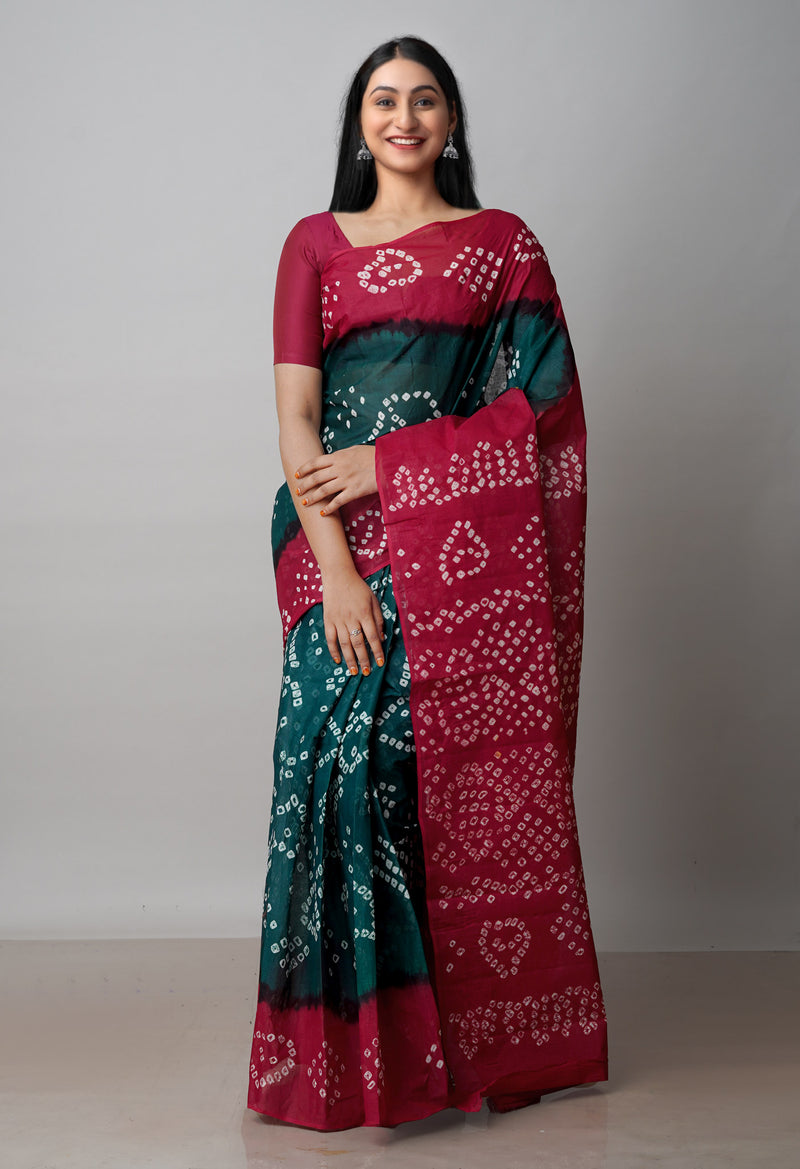 Dark Green-Maroon Pure  Bandhani Cotton Saree-UNM72646