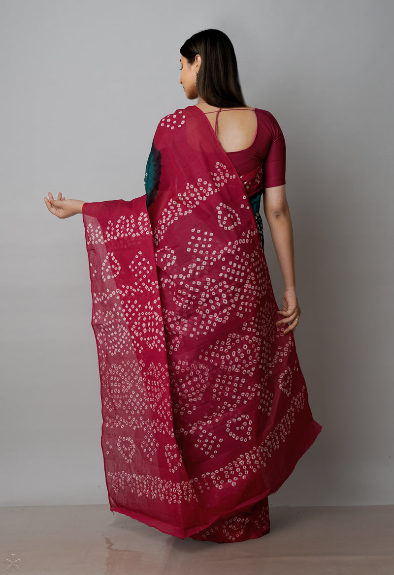 Dark Green-Maroon Pure  Bandhani Cotton Saree-UNM72646